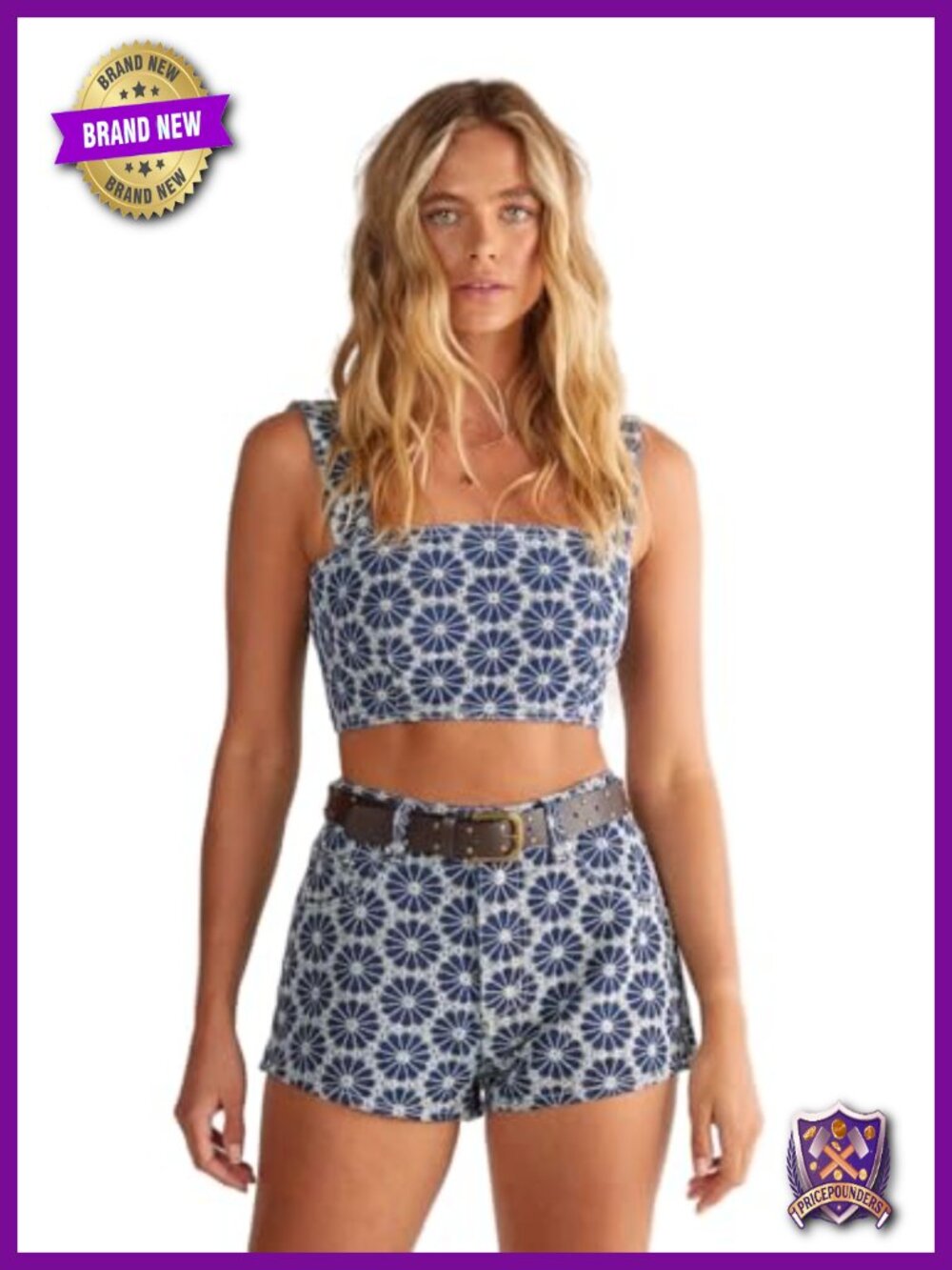Denim Floral Embroidered Strappy Crop Top Cotton Blend Sleeveless